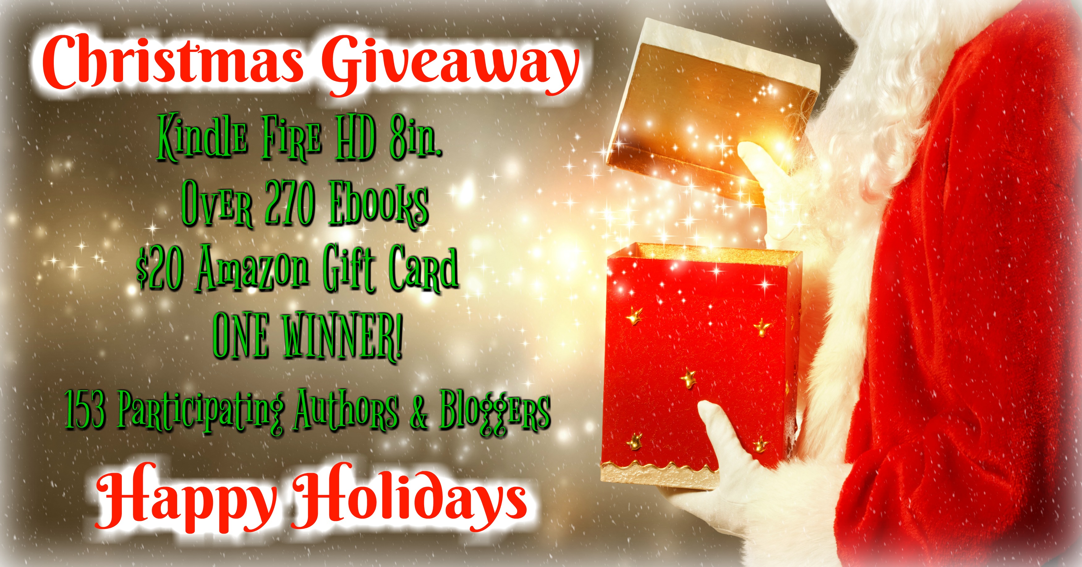 Santa Claus opening a red Christmas present at night