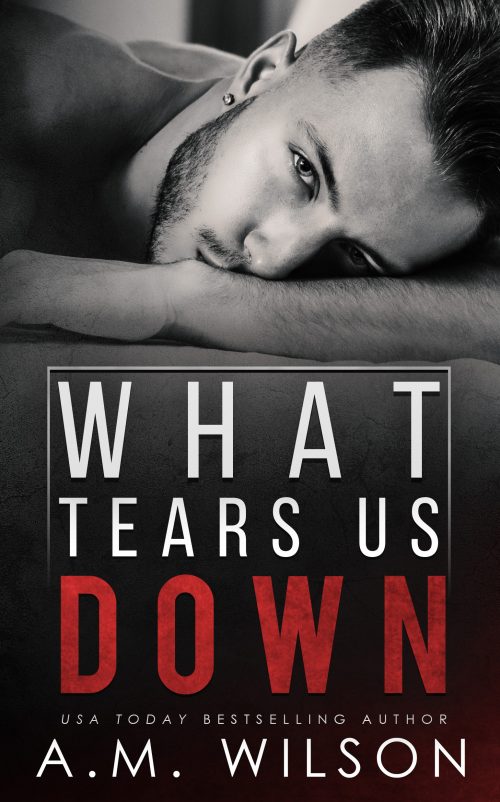 ebook cover of what tears us down. black and white image of a man laying his head on half of his forearm. short cut hair and a small amount of facial hair