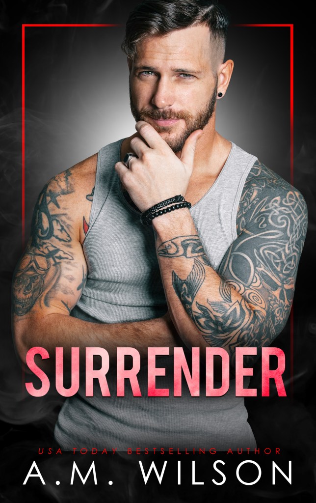 Ebook cover for Surrender. Male model with tattoos holding his chin. Dark, short cut hair with a dark beard cut close to his jaw