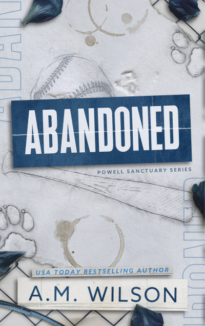 Disreet cover of Abandoned. White background with dark blue flower petals scattered. A brown coffee cup ring in the middle, and a pencil drawn baseball and bat in the center