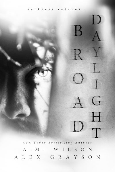 The title Broad Daylight, written in black text, is vertical on the right side of the image. The left is half of a man's face in shadow over a mostly white background.