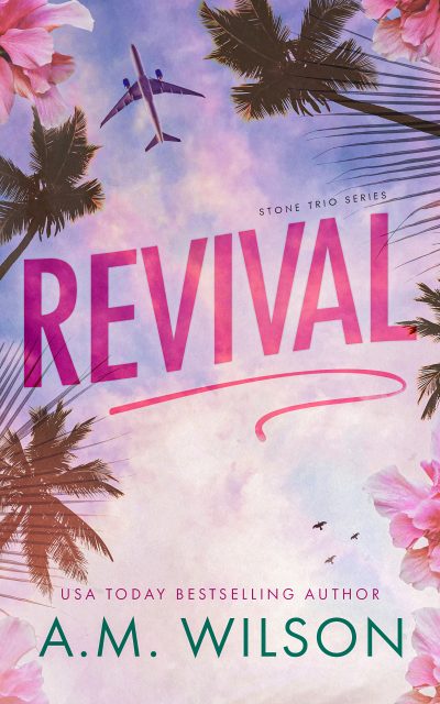 Book cover of Revival. A beach background from the perspective of looking up at the sky with a plane flying overhead into a purple and pink sunset. There are palm trees on the edges and the title is in bright pink in the middle