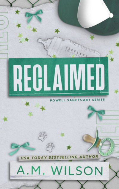 Discreet cover version of Reclaimed. White background with green stars and bows scattered, a green and white ball cap in the right corner, and a baby bottle and pacifier