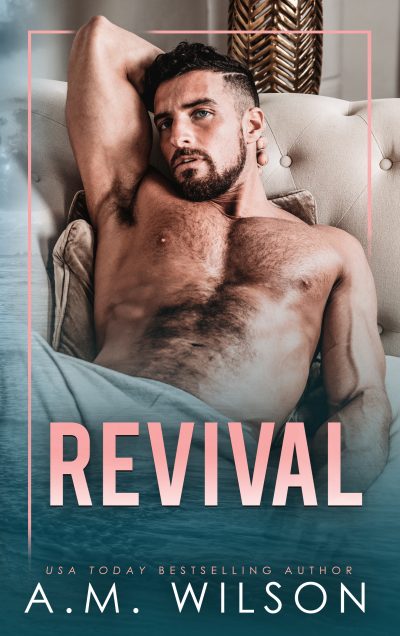 Book cover with male model reclining on a couch with one arm behind his head showing off his bicep. He's shirtless, and has dark hair and a beard. The title is in a light ombre pink