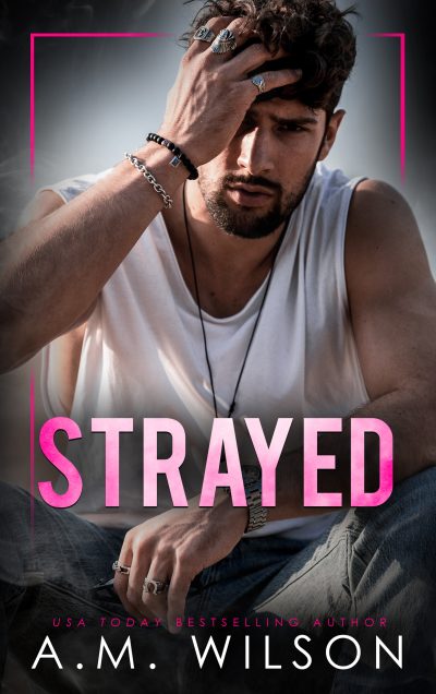 Ebook cover for Strayed. Male model with dark hair and facial hair with his hand on his head and wearing a white tank top
