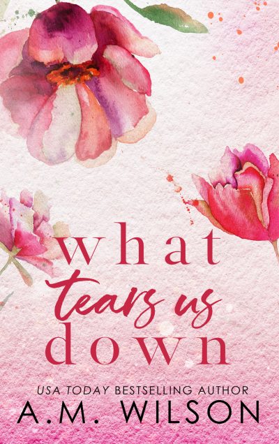 discreet cover version of what tears us down with red flowers and a paint splatter effect. the text is in red
