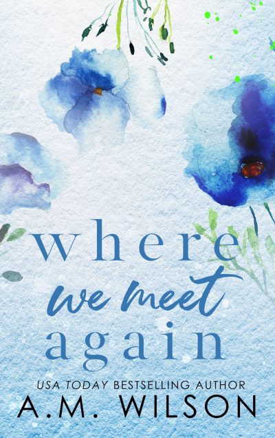 discreet cover version of where we meet again with blue watercolor flowers and a paint splatter effect. the title text is in blue