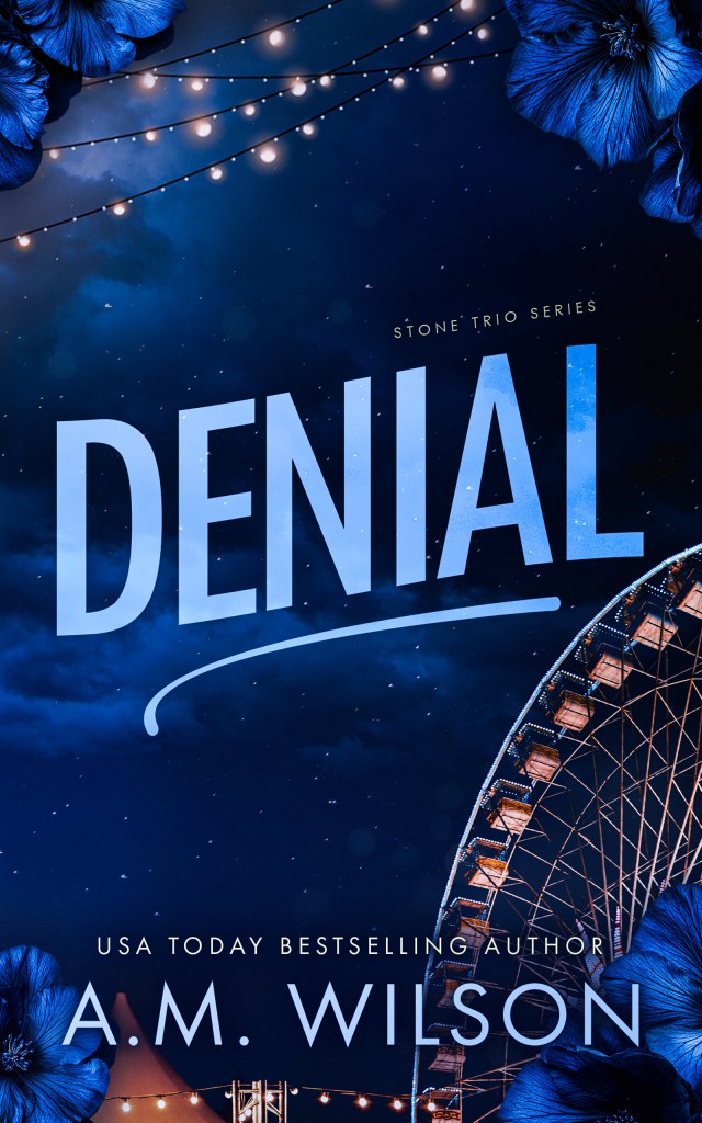 discreet book cover royal blue night sky background with a Ferris wheel in the bottom right corner. The title Denial is in a light blue in the center